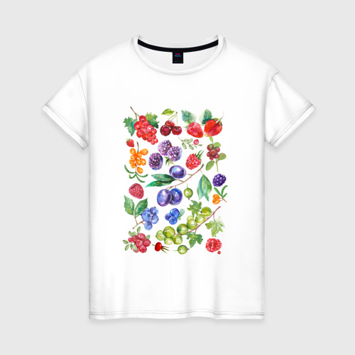 Женская футболка из хлопка с принтом Садовые и лесные ягоды акварельная иллюстрация, вид спереди №1