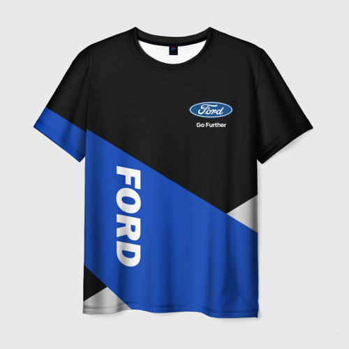 Мужская футболка с принтом Ford Форд черный синий белый, вид спереди №1