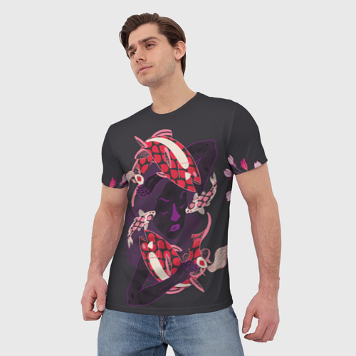 Мужская футболка 3D Девушка карп-кои и киты, цвет 3D печать - фото 3