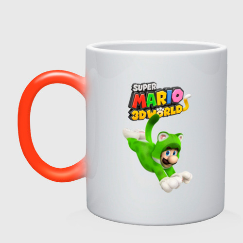 Кружка хамелеон Luigi cat Super Mario 3D World Nintendo, цвет белый + красный