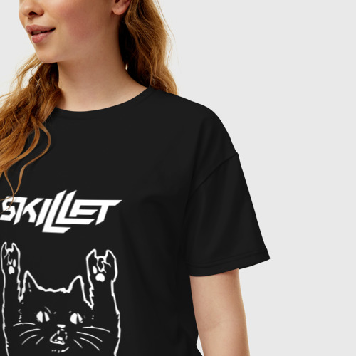 Женская футболка хлопок Oversize Skillet Рок кот, цвет черный - фото 3