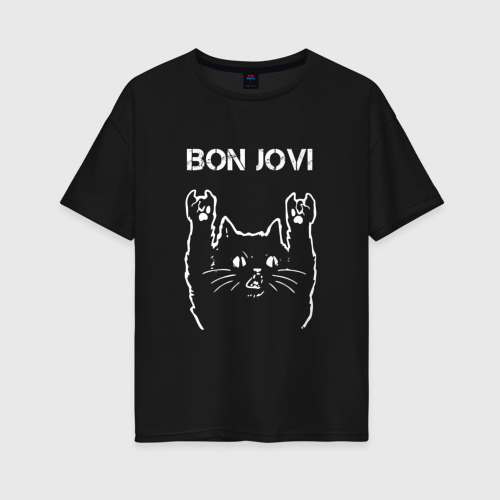 Женская футболка хлопок Oversize Bon Jovi Рок кот, цвет черный