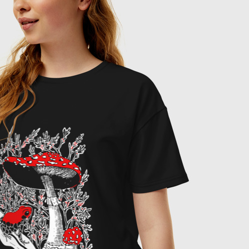 Женская футболка хлопок Oversize Мухоморы и лякушка томатный узкорот, цвет черный - фото 3