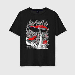 Женская футболка хлопок Oversize Мухоморы и лякушка томатный узкорот
