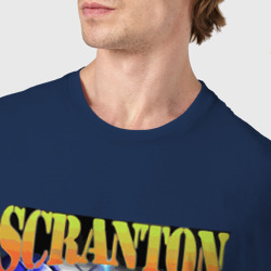 Футболка с принтом Scranton electric city для женщины, вид на модели спереди №4. Цвет основы: темно-синий