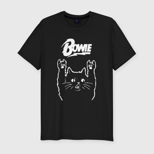 Мужская футболка хлопок Slim с принтом Bowie Рок кот, вид спереди #2