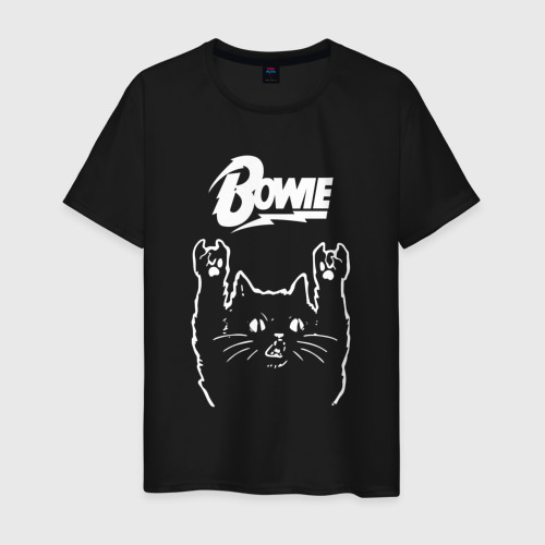 Мужская футболка из хлопка с принтом Bowie Рок кот, вид спереди №1