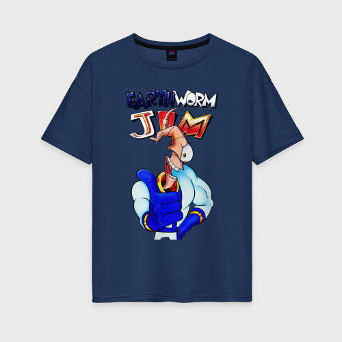 Женская футболка хлопок Oversize Worm Jim, цвет темно-синий