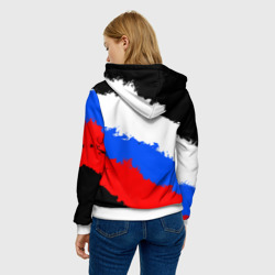 Толстовка с принтом 9 Мая день победы флаг России краской для женщины, вид на модели сзади №2. Цвет основы: белый