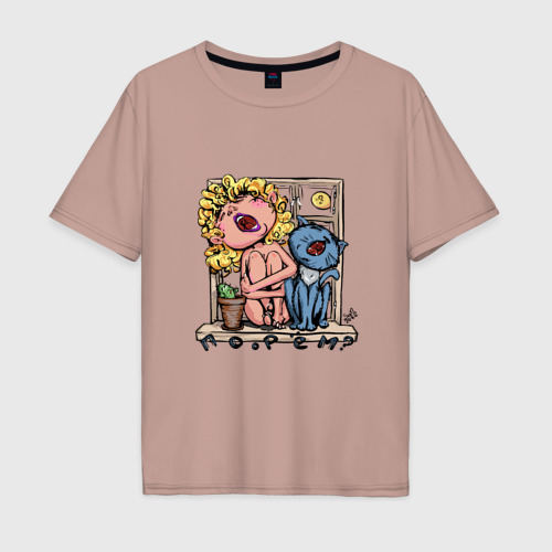 Мужская футболка хлопок Oversize с принтом Поорём вместе - кот и девушка, вид спереди #2