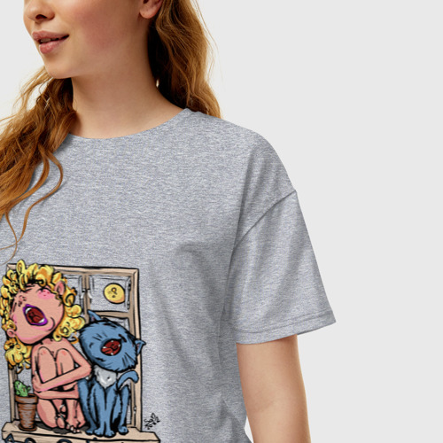 Женская футболка хлопок Oversize с принтом Поорём вместе - кот и девушка, фото на моделе #1