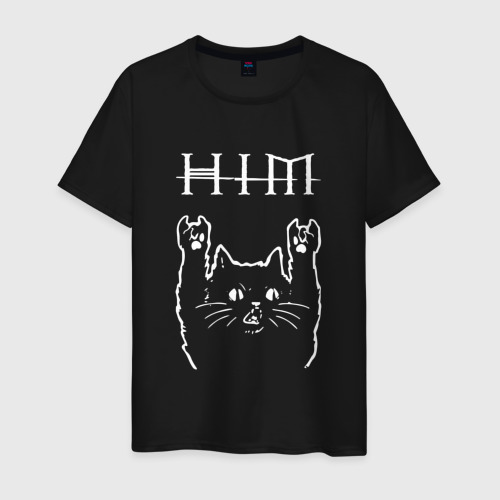Мужская футболка из хлопка с принтом HIM рок кот, вид спереди №1