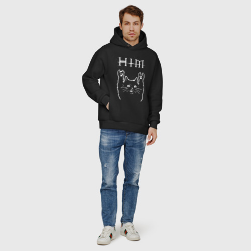 Мужское худи Oversize хлопок HIM рок кот, цвет черный - фото 6