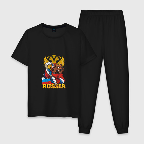 Мужская пижама хлопок Хоккей - Russia, цвет черный