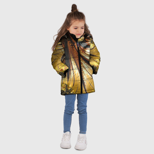 Зимняя куртка для девочек 3D Черный с золотым фрактал Абстракция, цвет светло-серый - фото 5