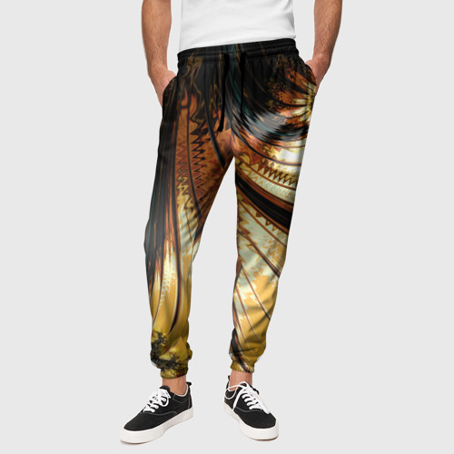 Мужские брюки 3D с принтом Черный с золотым фрактал | Абстракция, вид сбоку #3