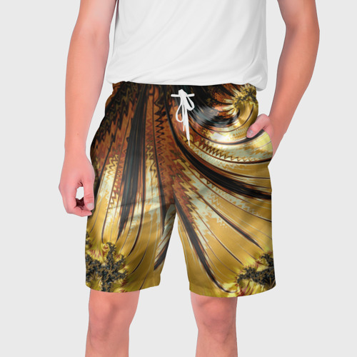 Мужские шорты 3D с принтом Черный с золотым фрактал | Абстракция, вид спереди #2