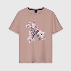 Женская футболка хлопок Oversize Розовые птицы на ветках магнолии