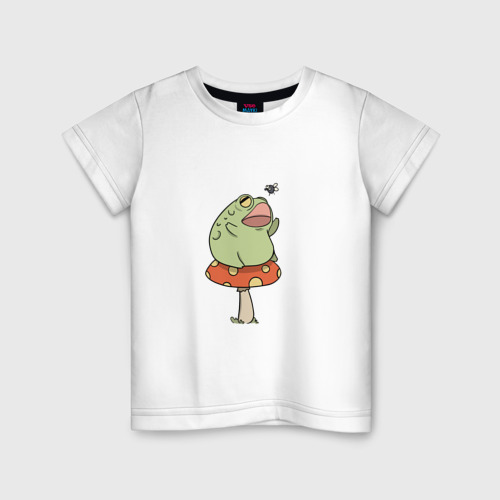 Детская футболка из хлопка с принтом Лягушка на мухоморе, вид спереди №1