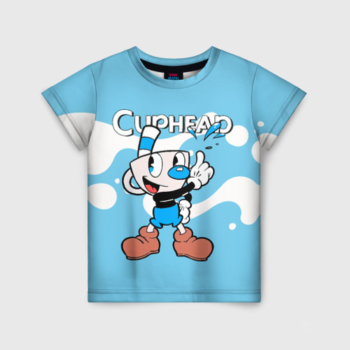 Детская футболка с принтом Cuphead синяя чашечка, вид спереди №1