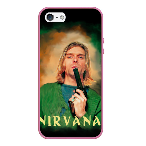 Чехол для iPhone 5/5S матовый Nirvana - Kurt Cobain with a gun, цвет малиновый