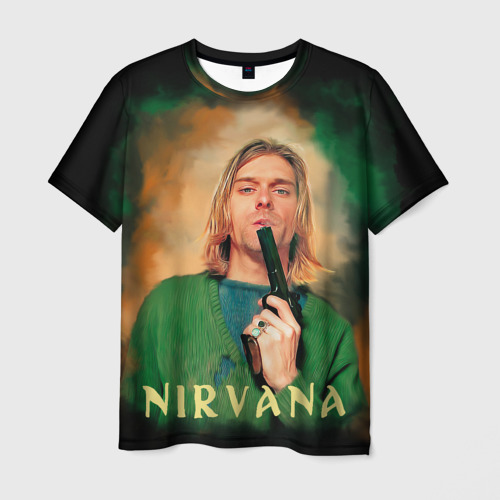 Мужская футболка с принтом Nirvana - Kurt Cobain with a gun, вид спереди №1