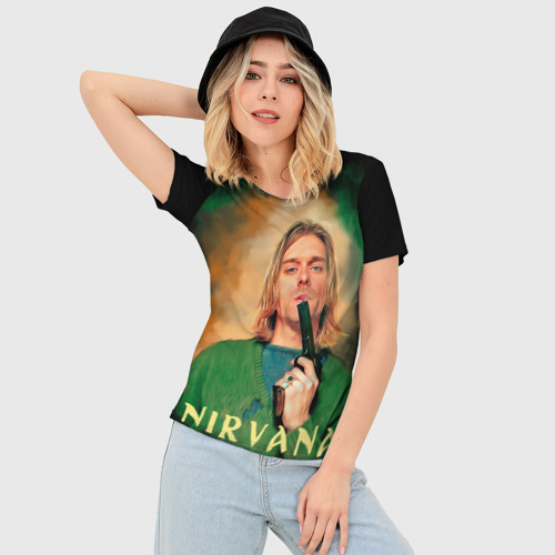 Женская футболка 3D Slim Nirvana - Kurt Cobain with a gun, цвет 3D печать - фото 3