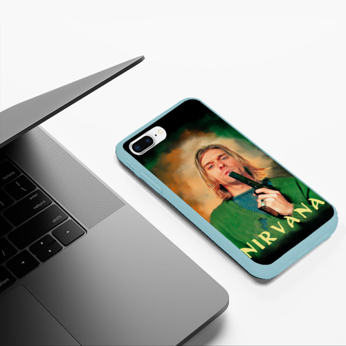 Чехол для iPhone 7Plus/8 Plus матовый Nirvana - Kurt Cobain with a gun, цвет мятный - фото 5