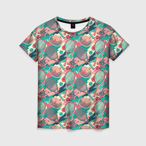 Женская футболка 3D с принтом Ракетки для тенниса, вид спереди #2