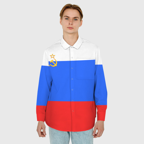 Мужская рубашка oversize 3D Флаг России с серпом и молотом, цвет белый - фото 3