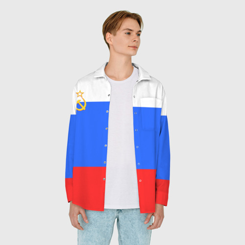 Мужская рубашка oversize 3D Флаг России с серпом и молотом, цвет белый - фото 5
