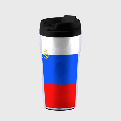 Термокружка-непроливайка Флаг России с серпом и молотом, цвет черный