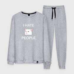 Мужской костюм хлопок I hate people, текст с белым мемным котом