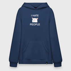 Худи SuperOversize хлопок I hate people, текст с белым мемным котом