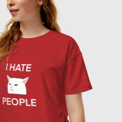 Женская футболка хлопок Oversize I hate people, текст с белым мемным котом - фото 2