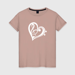 Женская футболка хлопок Скрипичный и Басовый Ключи в Сердце