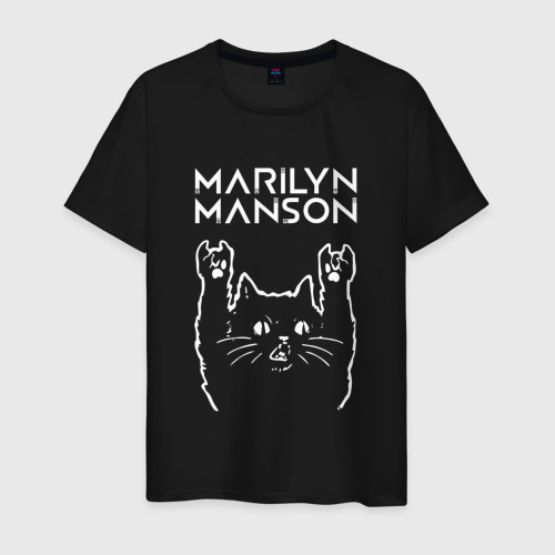 Мужская футболка из хлопка с принтом Marilyn Manson Рок кот, вид спереди №1
