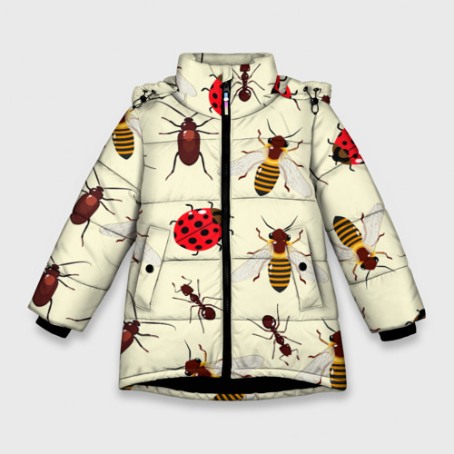 Зимняя куртка для девочек 3D Насекомые божьи коровки жуки муравьи пчелы, цвет черный