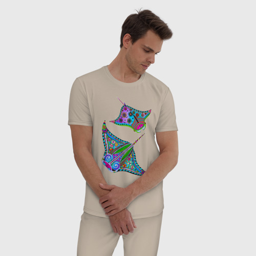Мужская пижама хлопок Скаты с психоделической раскраской, цвет миндальный - фото 3