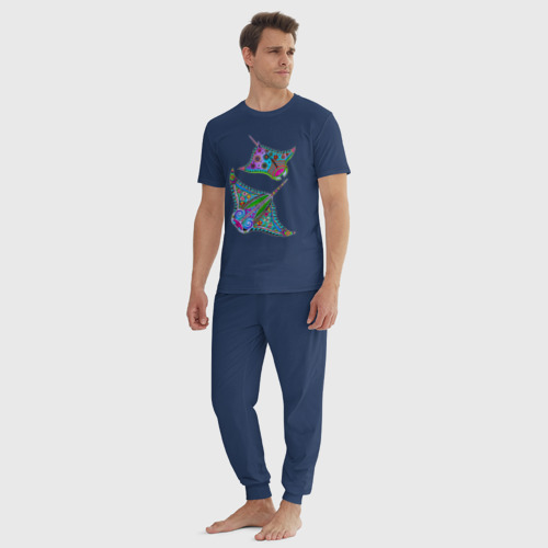 Мужская пижама хлопок Скаты с психоделической раскраской, цвет темно-синий - фото 5