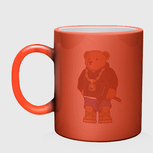 Кружка хамелеон Gangsta bear опасный медведь, цвет белый + красный - фото 3