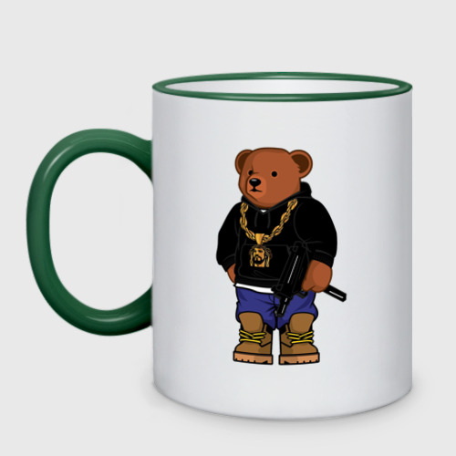 Кружка двухцветная Gangsta bear опасный медведь, цвет Кант зеленый