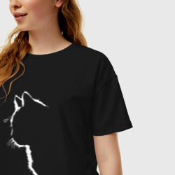 Женская футболка хлопок Oversize Силуэт чёрного кота - фото 2