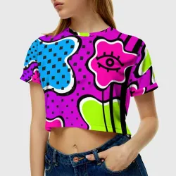 Женская футболка Crop-top 3D Яркий абстрактный узор в стиле 90х, неоновые цвета - фото 2