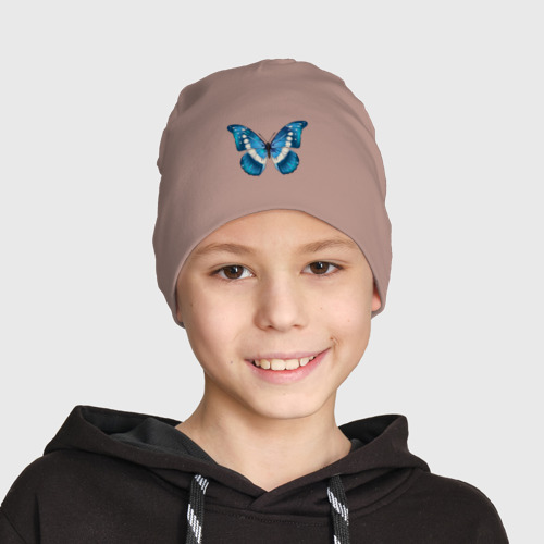 Детская шапка демисезонная Blue butterfly синяя красивая бабочка, цвет пыльно-розовый - фото 3