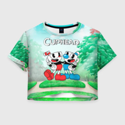 Женская футболка Crop-top 3D Cuphead Красная и Синяя чашечка 