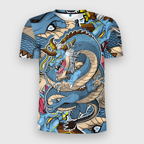 Мужская футболка 3D Slim с принтом Синий дракон-монст, вид спереди #2