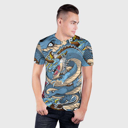 Мужская футболка 3D Slim с принтом Синий дракон-монст, фото на моделе #1