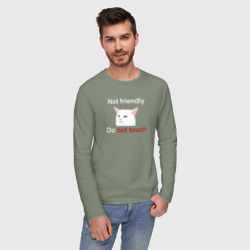Мужской лонгслив хлопок Not friendly, do not touch, текст с мемным котом - фото 2