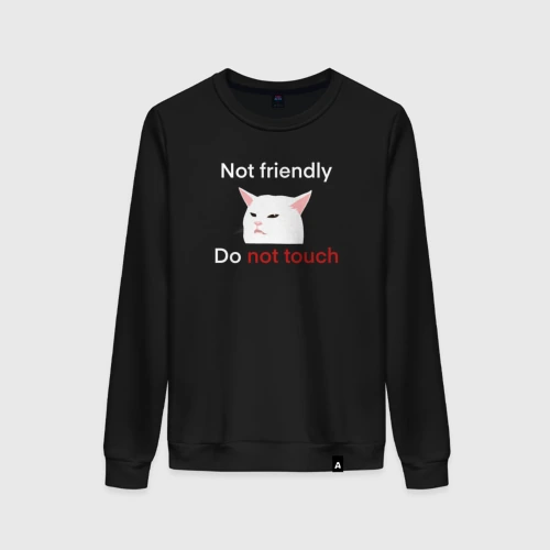 Женский свитшот хлопок Not friendly, do not touch, текст с мемным котом